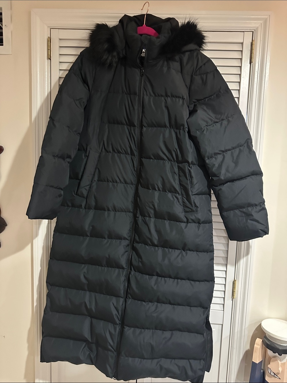 Lands' End Black Long Quilted Down Puffer with Faux Fur Hood - Picture 5 of 8